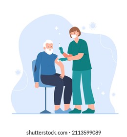 A nurse vaccinates an old man. Global vaccination concept against flu, viruses, or diseases. Process of immunization against coronavirus, covid-19. Vector flat illustration.