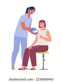 Nurse vaccinates people with vaccine injection to prevent diseases and viruses. Vaccination of adult patients. Vector illustration. Flat cartoon characters.