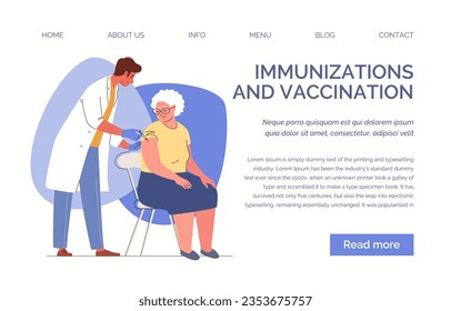 Nurse vaccinates people with vaccine injection to prevent diseases and viruses. Vaccination of adults, elderly patients. Website, template, landing page. Vector illustration. Flat cartoon characters.