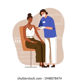 Nurse vaccinating black-skinned woman with anti-covid vaccine injection. Adult patient vaccination for protection from viruses. Colored flat vector illustration isolated on white background