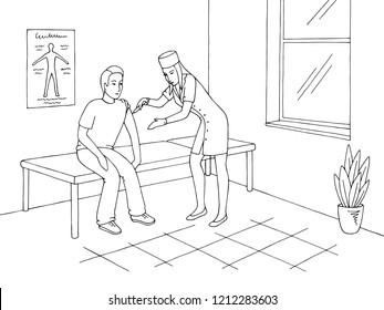 Nurse vaccinating a boy in doctor office graphic black white interior sketch illustration vector