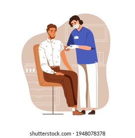 Nurse Vaccinating Man With Anti-virus Vaccine Injection. Vaccination Of Adult Patient For Covid Prevention. Colored Flat Vector Illustration Of Guy In Hospital Isolated On White Background