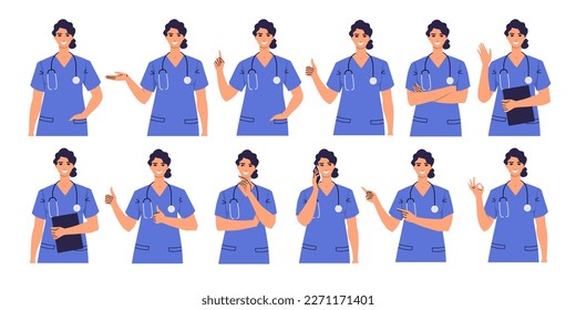 Nurse with various gestures and poses. Woman showing thumb up, Ok, hand, index fingers. Medic wears scrubs. Female doctor thinks, crosses her arms, gives advice, says hello, makes a phone call. Flat.