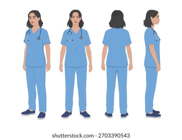 Vektor-Zeichensatz für Krankenschwestern, der vollständige Vorder-, Seiten- und Rückansichten für Animationen, Gesundheitserziehung, medizinische Apps, Web-Illustrationen, Branding- und Marketingprojekte zeigt.