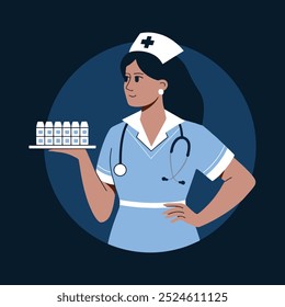 Nurse vector drawing of hospital. The nurse carry some medicine in tray