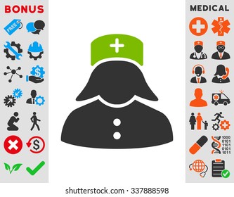 Nurse vector icon with bonus. Style is bicolor flat symbol, eco green and gray colors, rounded angles, white background.