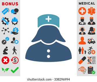 Nurse vector icon with bonus. Style is bicolor flat symbol, cyan and blue colors, rounded angles, white background.
