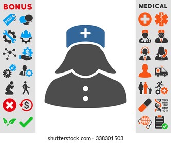 Nurse vector icon with bonus. Style is bicolor flat symbol, cobalt and gray colors, rounded angles, white background.