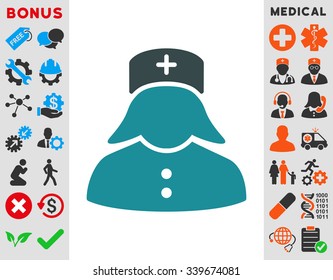 Nurse vector icon with bonus. Style is bicolor flat symbol, soft blue colors, rounded angles, white background.