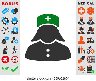 Nurse vector icon with bonus. Style is bicolor flat symbol, green and gray colors, rounded angles, white background.