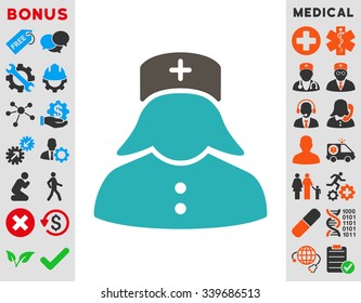 Nurse vector icon with bonus. Style is bicolor flat symbol, grey and cyan colors, rounded angles, white background.
