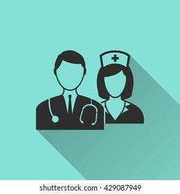 Nurse vector icon with long shadow. Black illustration isolated on green background for graphic and web design.