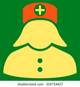 Nurse vector icon. Style is bicolor flat symbol, orange and yellow colors, rounded angles, green background.