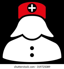 Nurse vector icon. Style is bicolor flat symbol, red and white colors, rounded angles, black background.