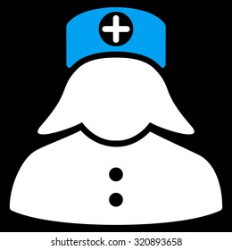 Nurse vector icon. Style is bicolor flat symbol, blue and white colors, rounded angles, black background.