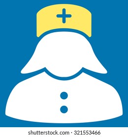Nurse vector icon. Style is bicolor flat symbol, yellow and white colors, rounded angles, blue background.