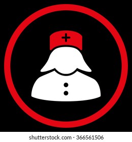 Nurse vector icon. Style is bicolor flat circled symbol, red and white colors, rounded angles, black background.