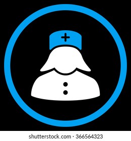 Nurse vector icon. Style is bicolor flat circled symbol, blue and white colors, rounded angles, black background.