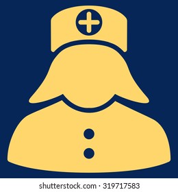 Nurse vector icon. Style is flat symbol, yellow color, rounded angles, blue background.
