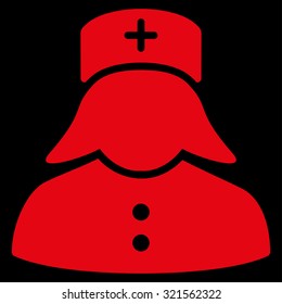 Nurse vector icon. Style is flat symbol, red color, rounded angles, black background.