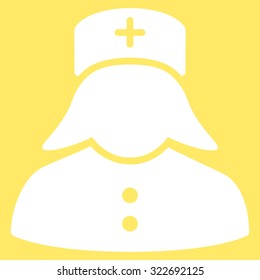 Nurse vector icon. Style is flat symbol, white color, rounded angles, yellow background.