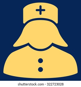 Nurse vector icon. Style is flat symbol, yellow color, rounded angles, blue background.
