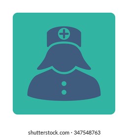 Nurse vector icon. Style is flat rounded square button, cobalt and cyan colors, white background.