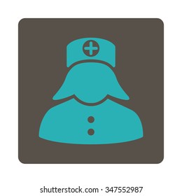 Nurse vector icon. Style is flat rounded square button, cyan and grey colors, white background.