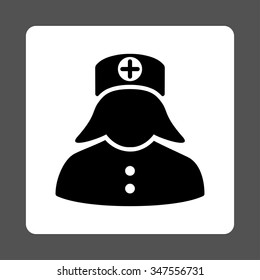 Nurse vector icon. Style is flat rounded square button, black and white colors, gray background.