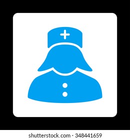 Nurse vector icon. Style is flat rounded square button, blue and white colors, black background.