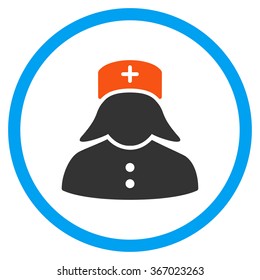 Nurse vector icon. Style is flat circled symbol, orange and blue colors, rounded angles, white background.
