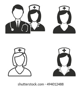 Nurse vector icons set. Black illustration isolated on white background for graphic and web design.