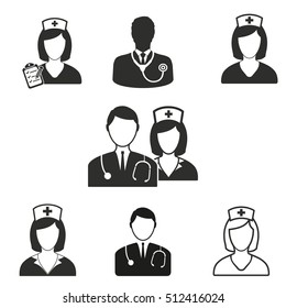 Nurse vector icons set. Black illustration isolated on white background for graphic and web design.