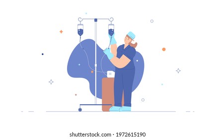 Nurse vector illustration in flat style. Medical assistant with blue medical gloves prepares an IV for the patient