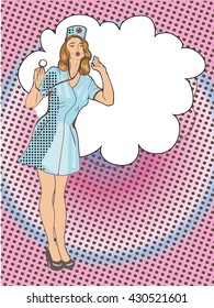 Nurse vector illustration, retro pop art comic style, speech cloud