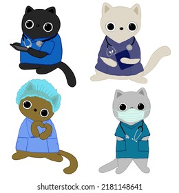 Nurse vector set, Cat nurse hand drawn cartoon, cute nurse, medical art, cat art, nurse scrubs