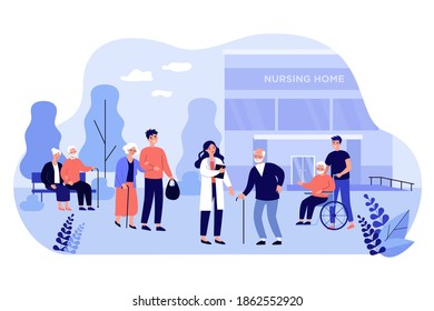 Nurse, visitors and old people in front of nursing home building flat vector illustration. Cartoon group of elderly characters walking with caregivers on street. Retirement and treatment concept