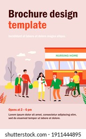 Nurse, visitors and old people in front of nursing home building flat vector illustration. Cartoon group of elderly characters walking with caregivers on street. Retirement and treatment concept