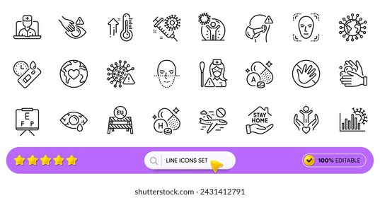 Nurse, Volunteer and Coronavirus line icons for web app. Pack of Do not touch, Donation, Face detection pictogram icons. Vitamin a, Covid virus, Eu close borders signs. Covid test. Search bar. Vector