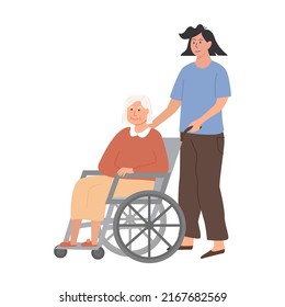 Nurse or volunteer taking care of elderly man on wheelchair. Nursing home concept. Assisted living. Residential care facility. Senior person with disability at hospital. Vector flat illustration.