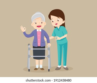 Nurse or volunteer worker taking care of an elderly woman.Woman Caring for the elderly .Nurse helps her grandmother to go to the walker. grandmother  okay gesture