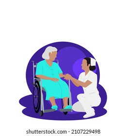 Nurse or volunteer worker taking care of an elderly woman who sitting on wheelchair. Home care services for seniors .Vector flat cartoon characters design concept for Healthcare and social supports.