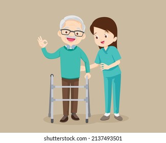 Nurse or volunteer worker taking care of an elderly man.Woman Caring for the elderly .Nurse helps her grandfather to go to the walker.grandfather okay gesture