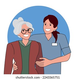 Nurse or volunteer worker taking care of an elderly woman. Woman Caring for the elderly and Nurse helps her grandmother to go to the walker.