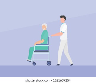 nurse walk with patients disability with wheelchair with simple flat style