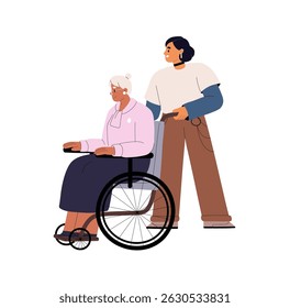 Nurse walks elderly person with disablility on wheelchair. Volunteer cares about old woman, granny on wheel chair. Social worker helps, assisting senior. Flat isolated vector illustration on white