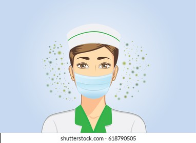 Nurse wearing facemask for protection against dust particles and bacteria that can pass into nose when working. 