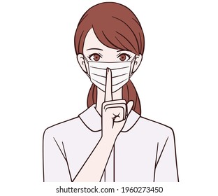 A nurse wearing a mask that puts her index finger on her mouth 