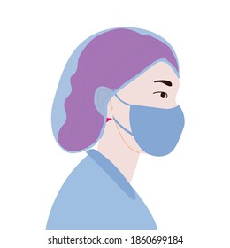 Nurse wearing medical masks. Female character of doctor in mask protecting from the virus. Supporting healthcare workers in a pandemic. Nursing work during the covid-19 pandemic. Medical worker.