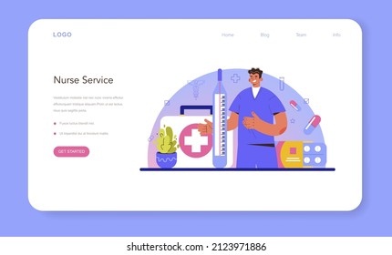 Nurse Web Banner Or Landing Page. Medical Assistant, Hospital Worker Taking Care Of Patient. Modern Medicine Treatment. Physician Specialist In The Uniform. Flat Vector Illustration